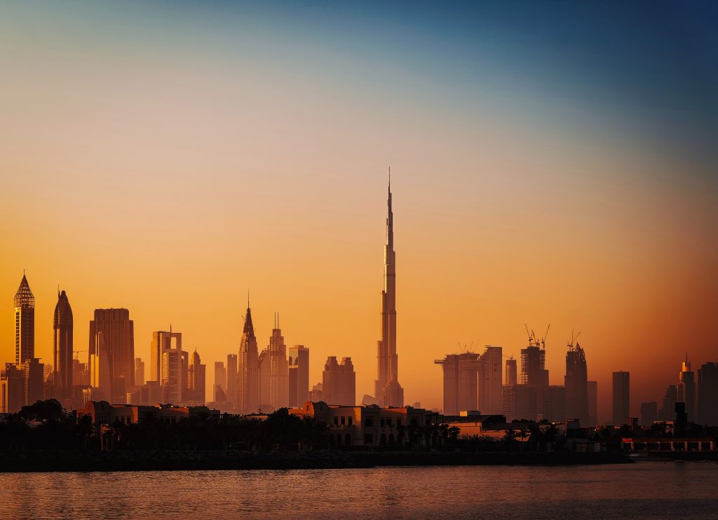 sunset skyline of downtown dubai 